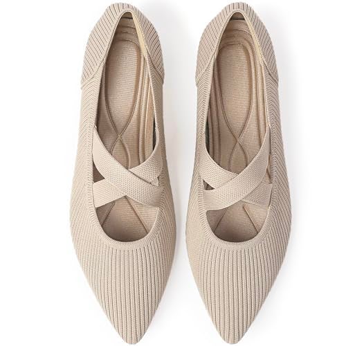 TINGRISE Women's Flats Shoes Pointed Toe Knit Washable Comfortable Dressy Mary Jane Ballet Flat with Strap Beige US6.5 - Image 1