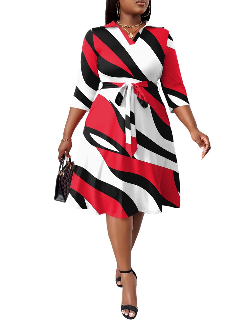 FANDEE Women's Midi Dress Plus Size 3/4 Sleeves V Neck Cocktail Party Dress Curvy Wrap Sexy Pattern Dresses with Belt Red Black 2XL - Image 2