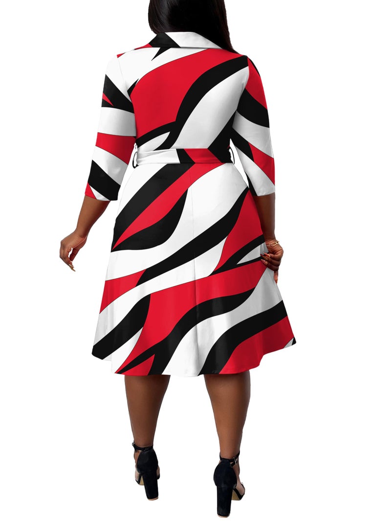 FANDEE Women's Midi Dress Plus Size 3/4 Sleeves V Neck Cocktail Party Dress Curvy Wrap Sexy Pattern Dresses with Belt Red Black 2XL - Image 3