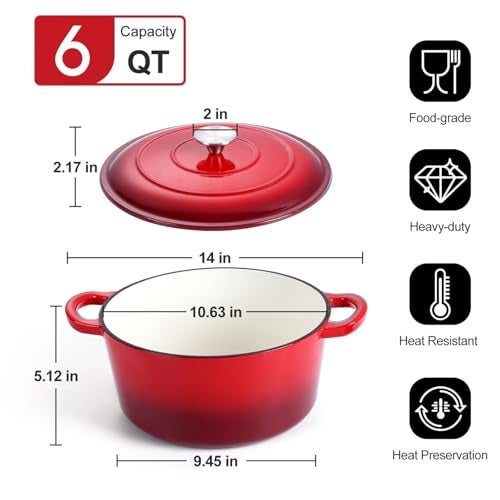 P&P CHEF 6QT Enameled Dutch Oven, Cast Iron Dutch Oven Pot with Lid for Bread Baking, Enameled Casserole Pot for Roasting Braising Stewing Frying Simmering, Various Stoves & Easy Clean, Red - Image 2