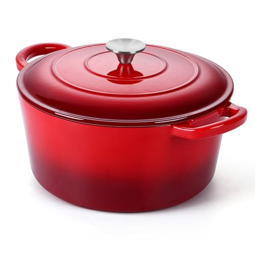 P&P CHEF 6QT Enameled Dutch Oven, Cast Iron Dutch Oven Pot with Lid for Bread Baking, Enameled Casserole Pot for Roasting Braising Stewing Frying Simmering, Various Stoves & Easy Clean, Red - Image 1