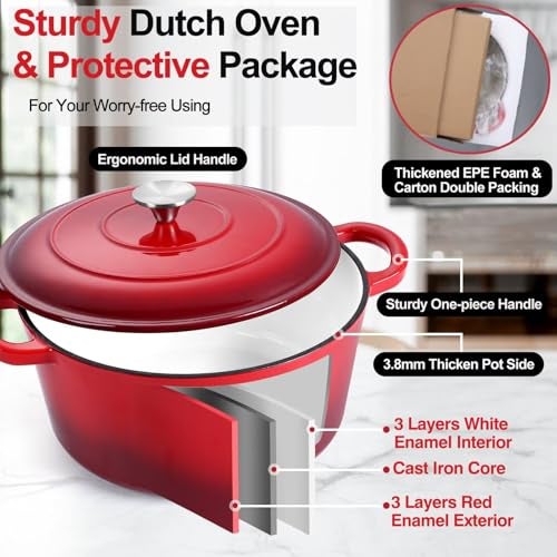 P&P CHEF 6QT Enameled Dutch Oven, Cast Iron Dutch Oven Pot with Lid for Bread Baking, Enameled Casserole Pot for Roasting Braising Stewing Frying Simmering, Various Stoves & Easy Clean, Red - Image 3