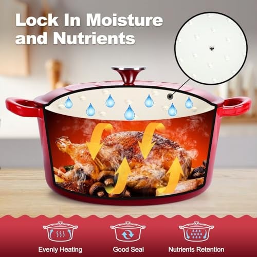 P&P CHEF 6QT Enameled Dutch Oven, Cast Iron Dutch Oven Pot with Lid for Bread Baking, Enameled Casserole Pot for Roasting Braising Stewing Frying Simmering, Various Stoves & Easy Clean, Red - Image 5