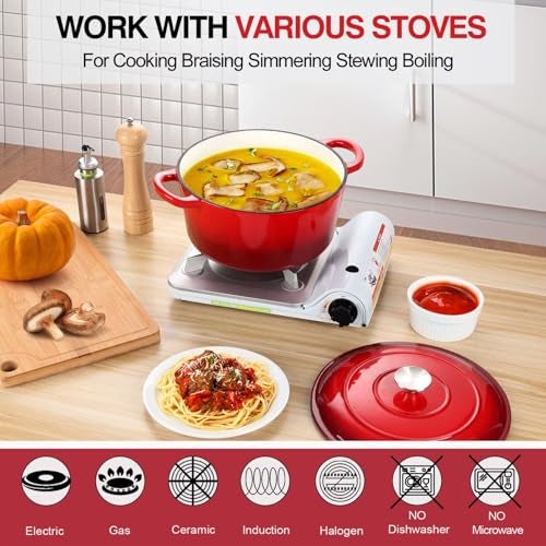 P&P CHEF 6QT Enameled Dutch Oven, Cast Iron Dutch Oven Pot with Lid for Bread Baking, Enameled Casserole Pot for Roasting Braising Stewing Frying Simmering, Various Stoves & Easy Clean, Red - Image 4