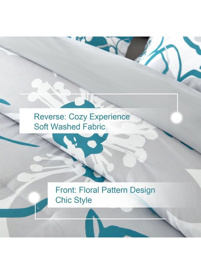 Anibedding Teal Floral Comforter Set King Size 7 Piece, Teal Blue Flower Bed in a Bag, Elegant Botanical Floral Comforter Soft Microfiber Complete Bedding Set for All Season, (Teal, 104"x90") - Image 5