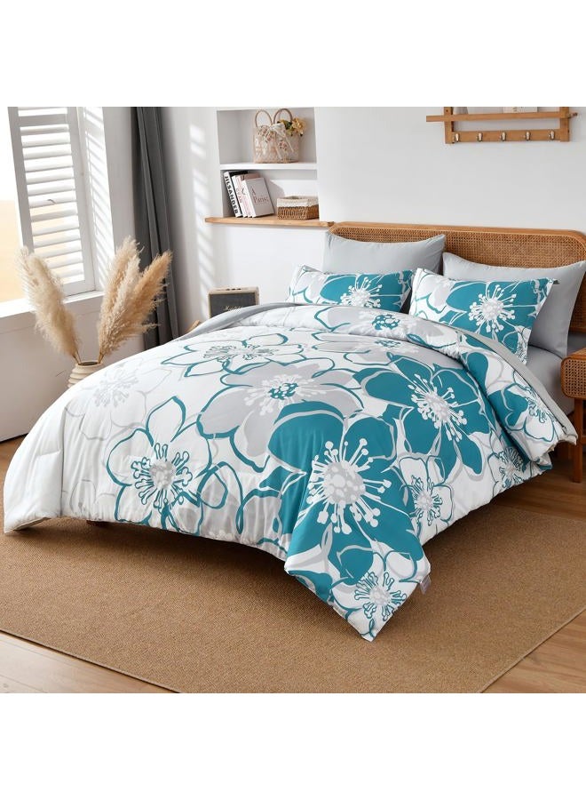 Anibedding Teal Floral Comforter Set King Size 7 Piece, Teal Blue Flower Bed in a Bag, Elegant Botanical Floral Comforter Soft Microfiber Complete Bedding Set for All Season, (Teal, 104"x90") - Image 2