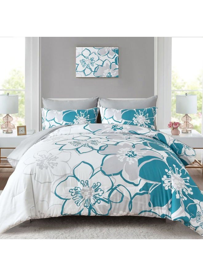 Anibedding Teal Floral Comforter Set King Size 7 Piece, Teal Blue Flower Bed in a Bag, Elegant Botanical Floral Comforter Soft Microfiber Complete Bedding Set for All Season, (Teal, 104"x90") - Image 1