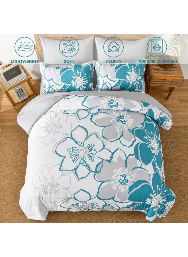 Anibedding Teal Floral Comforter Set King Size 7 Piece, Teal Blue Flower Bed in a Bag, Elegant Botanical Floral Comforter Soft Microfiber Complete Bedding Set for All Season, (Teal, 104"x90") - Image 3