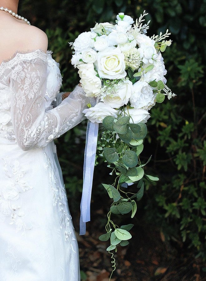 LCiclly 10 Inch White Rose Bouquets for Bride Spring Wedding Cascading Bridal Bouquet Ivory White Sage Green Artificial Silk Flower Winter Boho Rustic Ceremony Anniversary Decor Toss Bouquet - Image 3