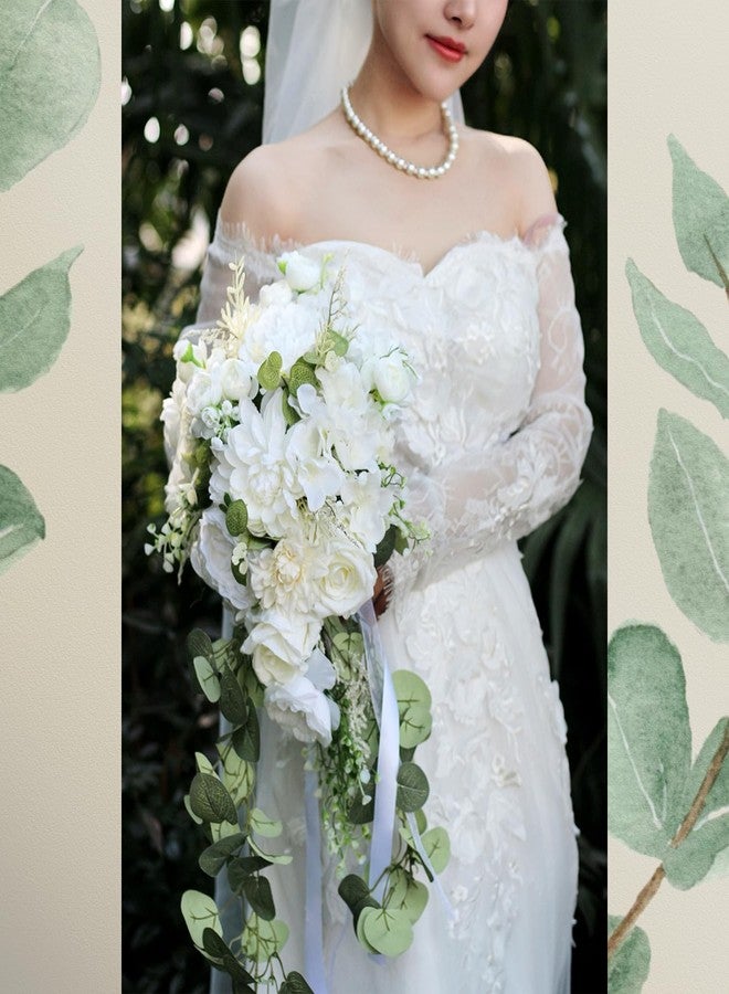 LCiclly 10 Inch White Rose Bouquets for Bride Spring Wedding Cascading Bridal Bouquet Ivory White Sage Green Artificial Silk Flower Winter Boho Rustic Ceremony Anniversary Decor Toss Bouquet - Image 5