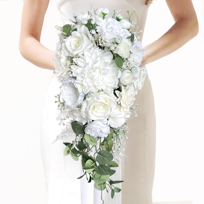 LCiclly 10 Inch White Rose Bouquets for Bride Spring Wedding Cascading Bridal Bouquet Ivory White Sage Green Artificial Silk Flower Winter Boho Rustic Ceremony Anniversary Decor Toss Bouquet - Image 1