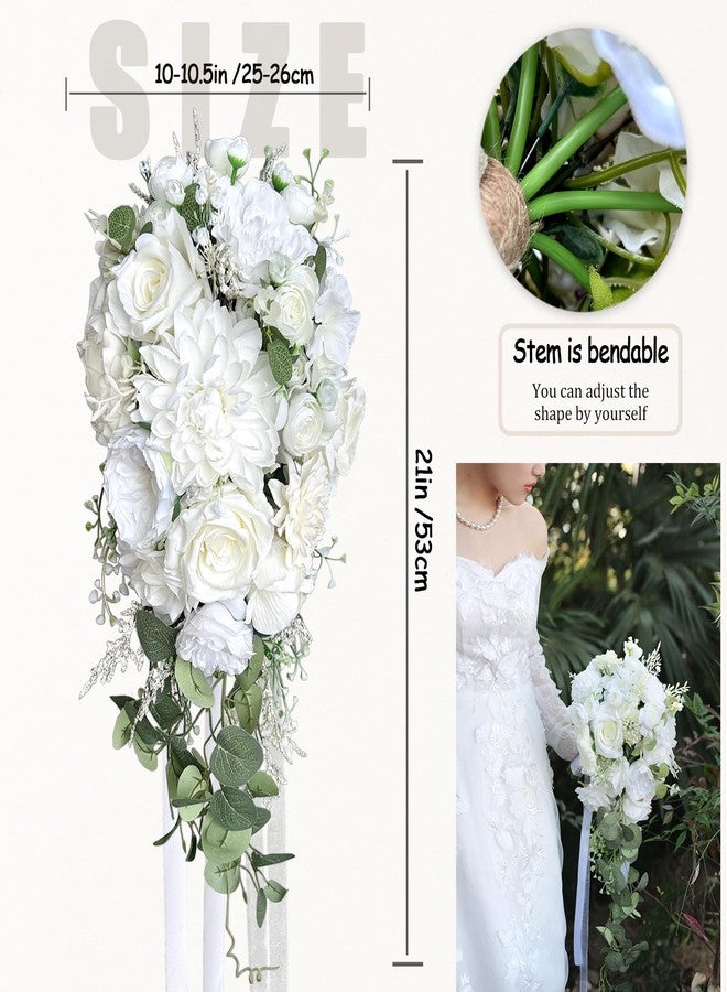 LCiclly 10 Inch White Rose Bouquets for Bride Spring Wedding Cascading Bridal Bouquet Ivory White Sage Green Artificial Silk Flower Winter Boho Rustic Ceremony Anniversary Decor Toss Bouquet - Image 4