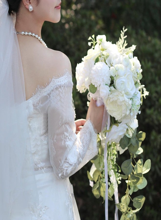 LCiclly 10 Inch White Rose Bouquets for Bride Spring Wedding Cascading Bridal Bouquet Ivory White Sage Green Artificial Silk Flower Winter Boho Rustic Ceremony Anniversary Decor Toss Bouquet - Image 2