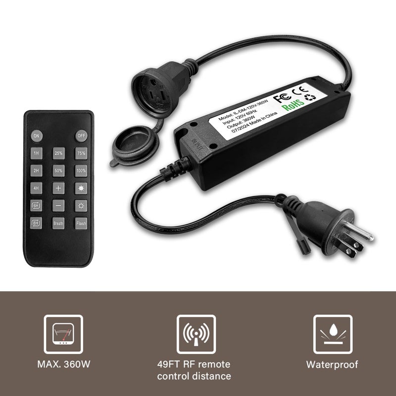 Banord Outdoor Dimmer, Max. 360W Plug-in Dimmer Switch for LED String Lights, Wireless Remote Control Dimming Controller with 4 Brightness Mode - Image 5