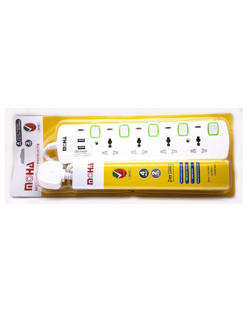 4-Way Extension Power Socket – 5 Outlets with USB Output and 2M Cord  - Image 4