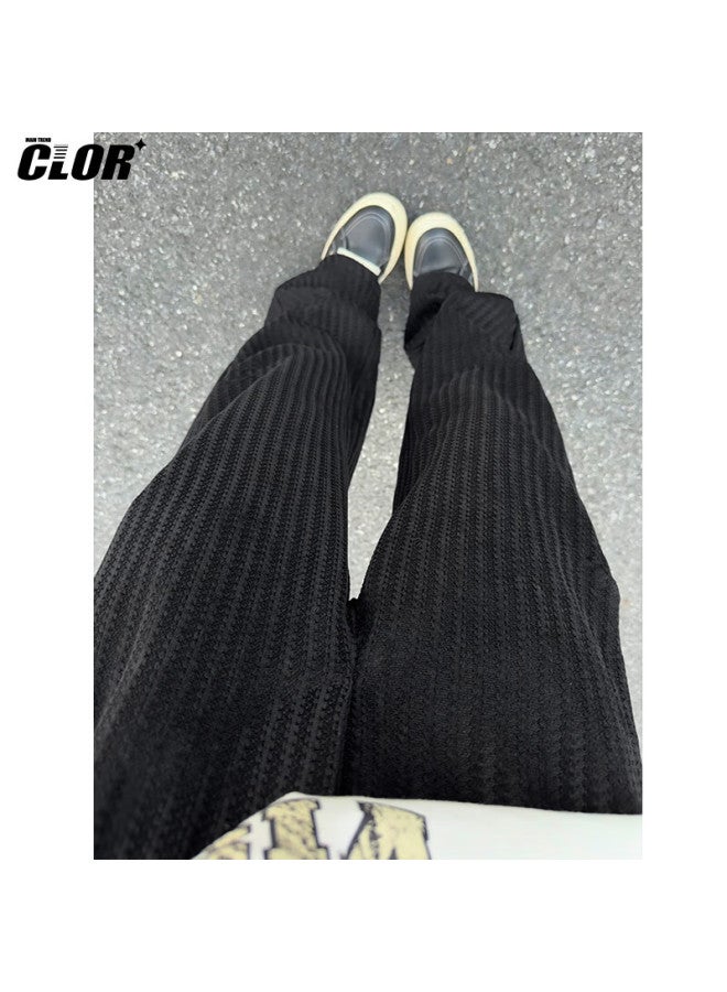 Clor Striped Pants Men Spring Summer Trendy American Style Straight Casual Loose Wide-leg Pants Cl88 Black M - Image 1