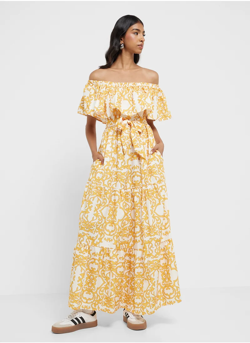 جينجر Off Shoulder Printed A Line Dress