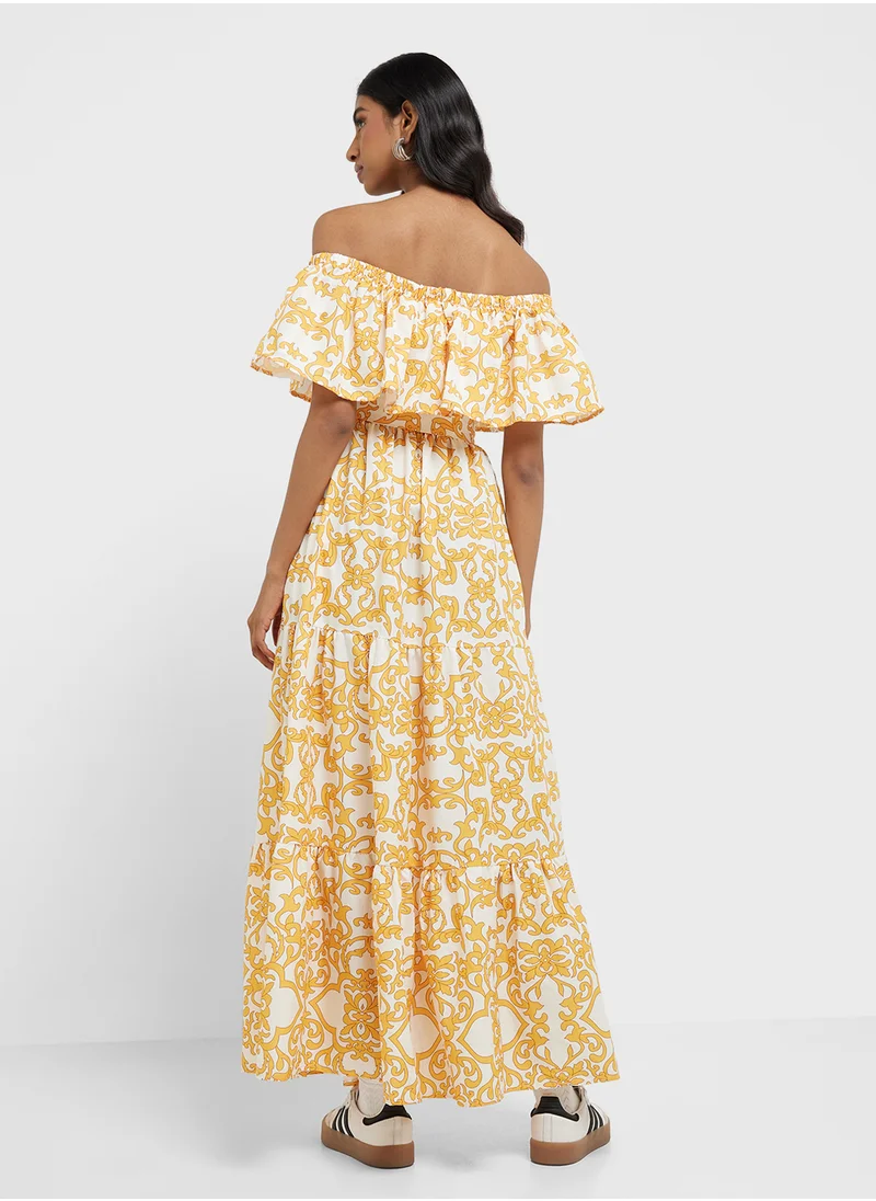 جينجر Off Shoulder Printed A Line Dress