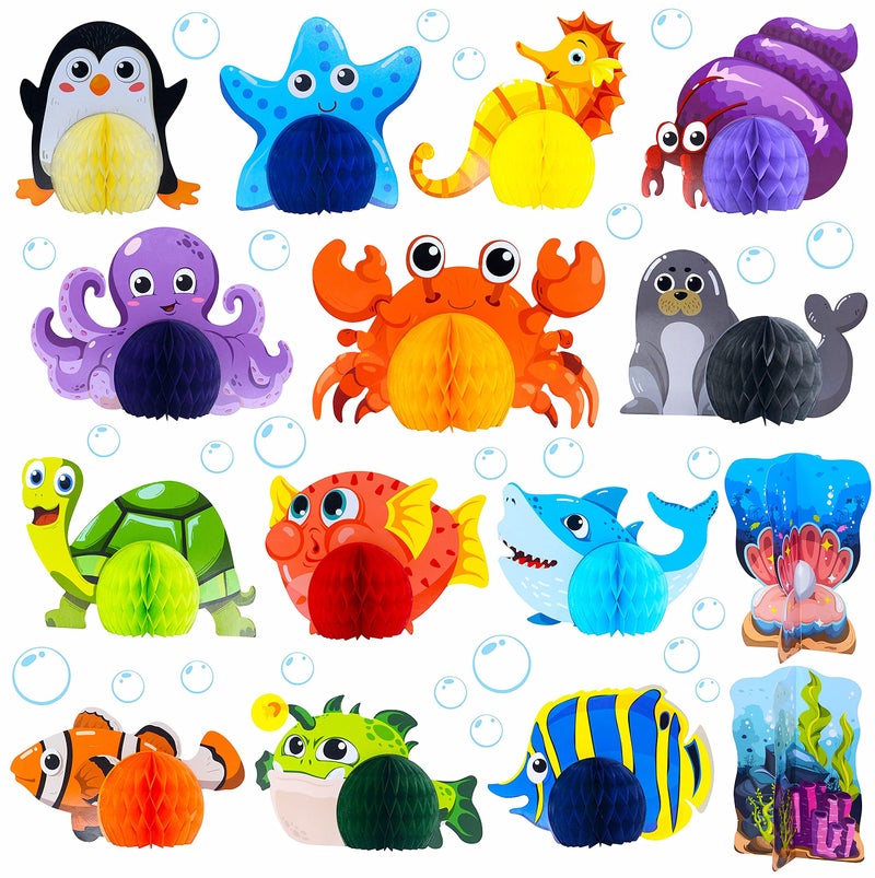 SpriteGru 15 Pieces Sea Animal Honeycomb Centerpiece Ocean Themed Marine Creature Decoration Table Honeycomb Party Supplies for Party Table Birthday Baby Shower - Image 1