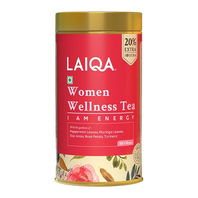LAIQA Women’s Wellness Tea Energizing Peppermint Green Tea Blend with Rose Petals and 8 Herbal Ingredients Revitalizes Mind and Body (60g)