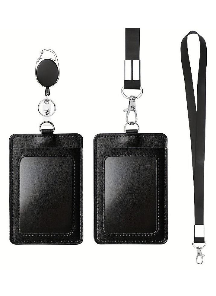 CSIRO Office Badge Holder, Vertical PU Leather ID Card Holder with 1 Clear Window, Detachable Neck Lanyard Strap, Retractable Reel Holders Set and Pen Case  - Image 1