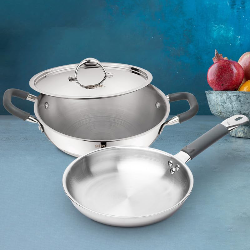 Allo CookSafe TriPly Stainless Steel Kadhai & Frypan 2pcs Combo Set of 2.7 litres Kadhai with Lid and 1.5 litres Frypan Without Lid, Induction Friendly, Naturally Non Stick, 24cm, & 22cm, - Image 5
