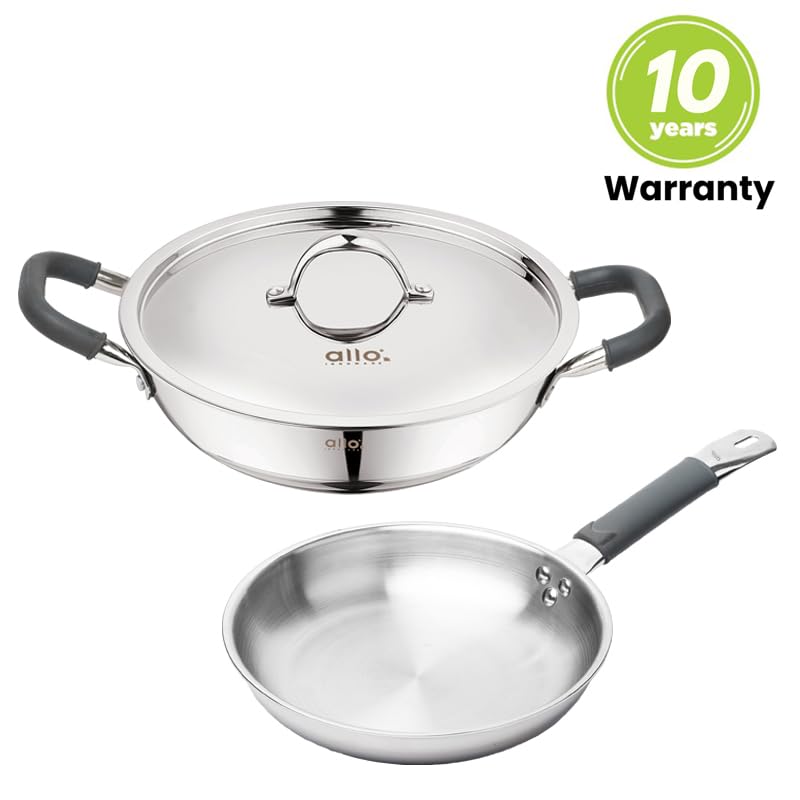 Allo CookSafe TriPly Stainless Steel Kadhai & Frypan 2pcs Combo Set of 2.7 litres Kadhai with Lid and 1.5 litres Frypan Without Lid, Induction Friendly, Naturally Non Stick, 24cm, & 22cm, - Image 4