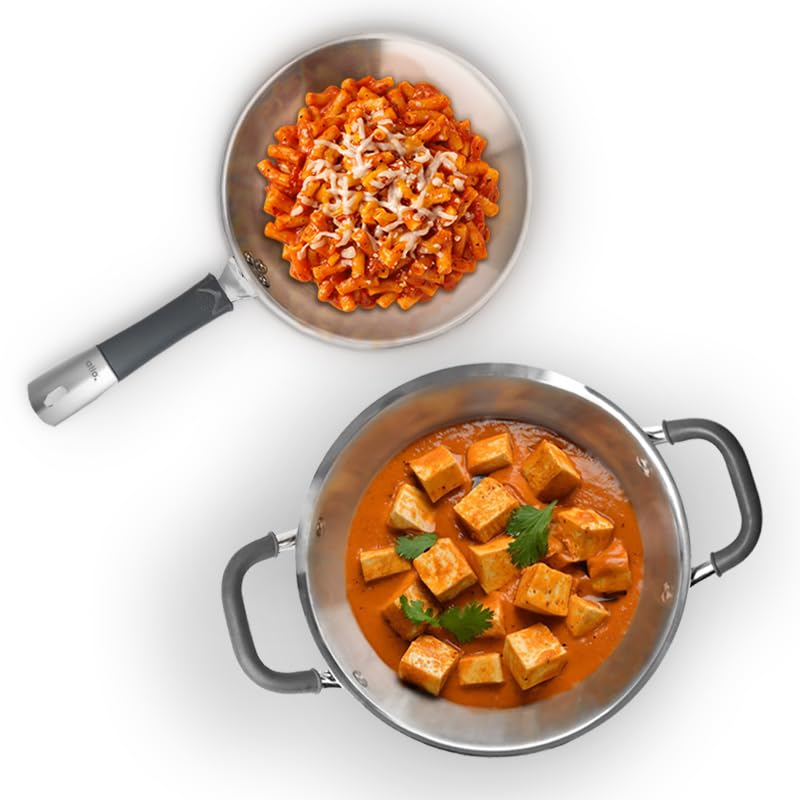 Allo CookSafe TriPly Stainless Steel Kadhai & Frypan 2pcs Combo Set of 2.7 litres Kadhai with Lid and 1.5 litres Frypan Without Lid, Induction Friendly, Naturally Non Stick, 24cm, & 22cm, - Image 1