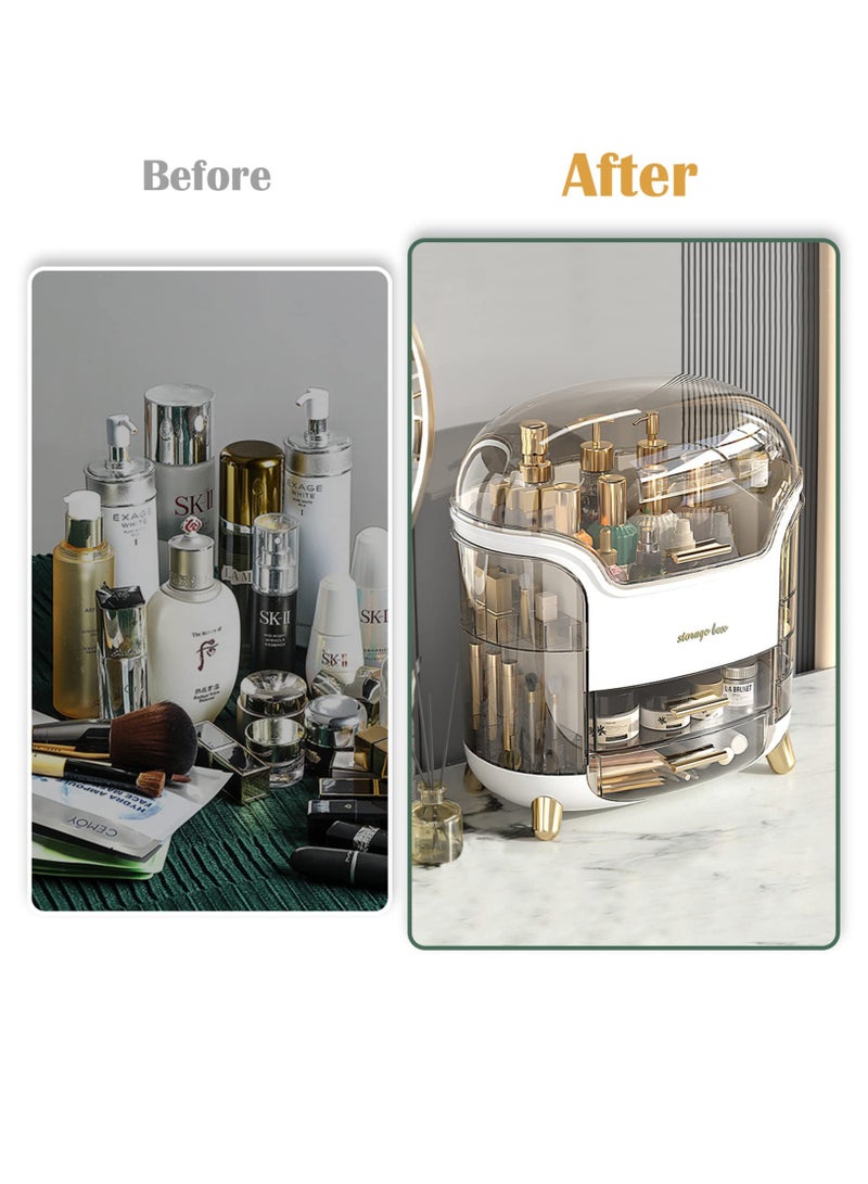 Excefore Makeup Organizer and Storage, Cosmetics Organizer Box for Countertop with Lid & Drawers, Cosmetics Skincare Organizers Box with Waterproof & Dustproof Cover for Bedroom, White - Image 5