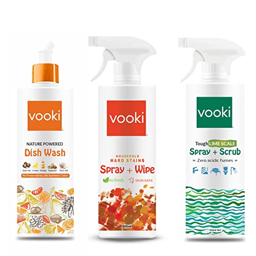 Vooki Nature Powered Natural Dish Wash Gel, Ecofriendly Hard Stains Spray and Tough Lime Scale Stain Descaler Remover Spray, 500 Ml Each - (Combo Pack of 3) - Image 1