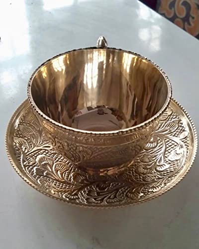 SES-LEE Brass Tableware Dinnerware Serving Pieces Brass Tea Pots Single Kettle with 4 Cup and Saucer, 6.5-inch, Golden(450 ML) (Plain) - Image 3
