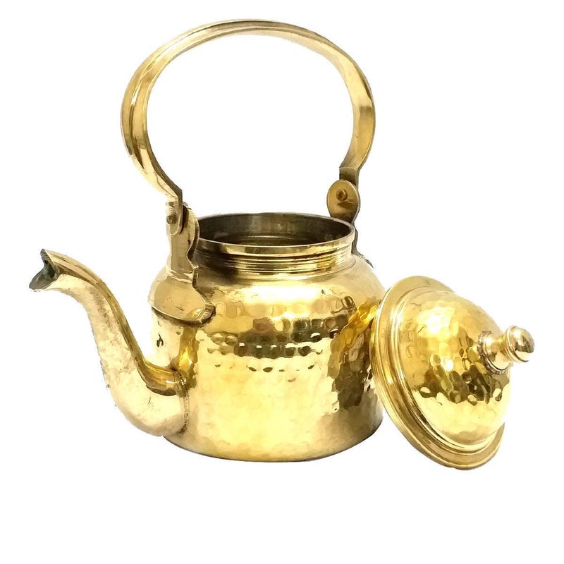 SES-LEE Brass Tableware Dinnerware Serving Pieces Brass Tea Pots Single Kettle with 4 Cup and Saucer, 6.5-inch, Golden(450 ML) (Plain) - Image 1