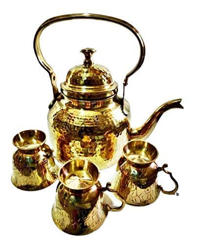 SES-LEE Brass Tableware Dinnerware Serving Pieces Brass Tea Pots Single Kettle with 4 Cup and Saucer, 6.5-inch, Golden(450 ML) (Plain) - Image 4