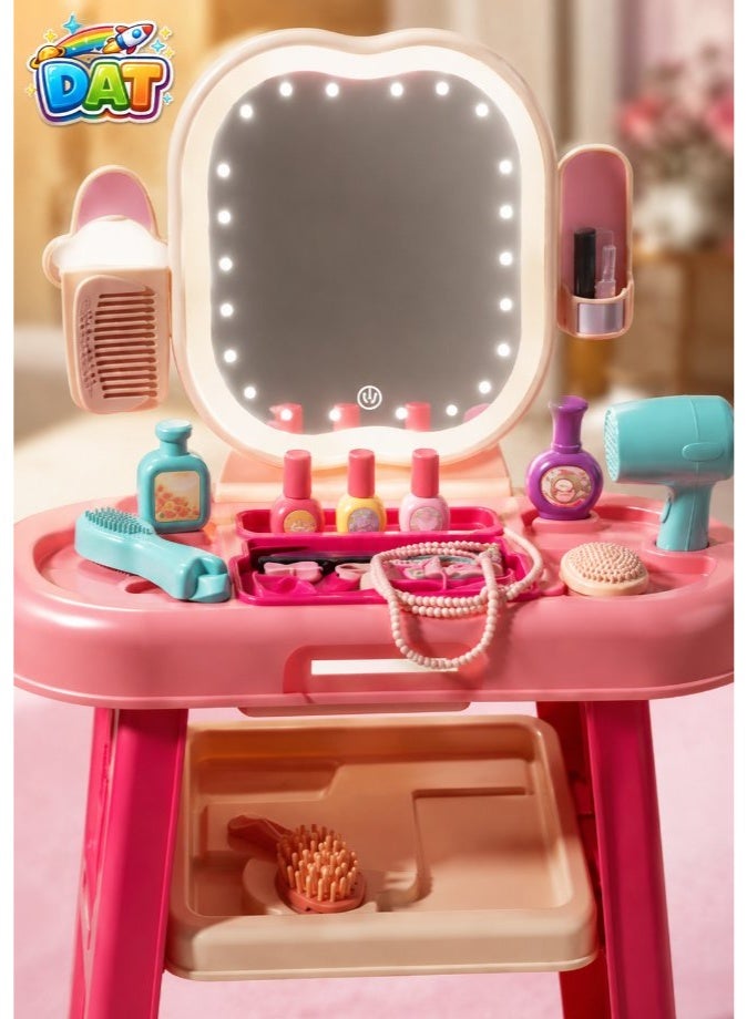 DAT Beauty Vanity Table Playset with LED Mirror, Makeup Accessories, Stool & Storage - Pink - Image 5