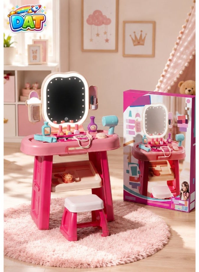 DAT Beauty Vanity Table Playset with LED Mirror, Makeup Accessories, Stool & Storage - Pink - Image 4