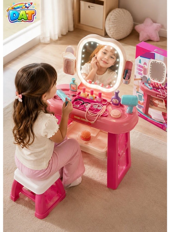DAT Beauty Vanity Table Playset with LED Mirror, Makeup Accessories, Stool & Storage - Pink - Image 3