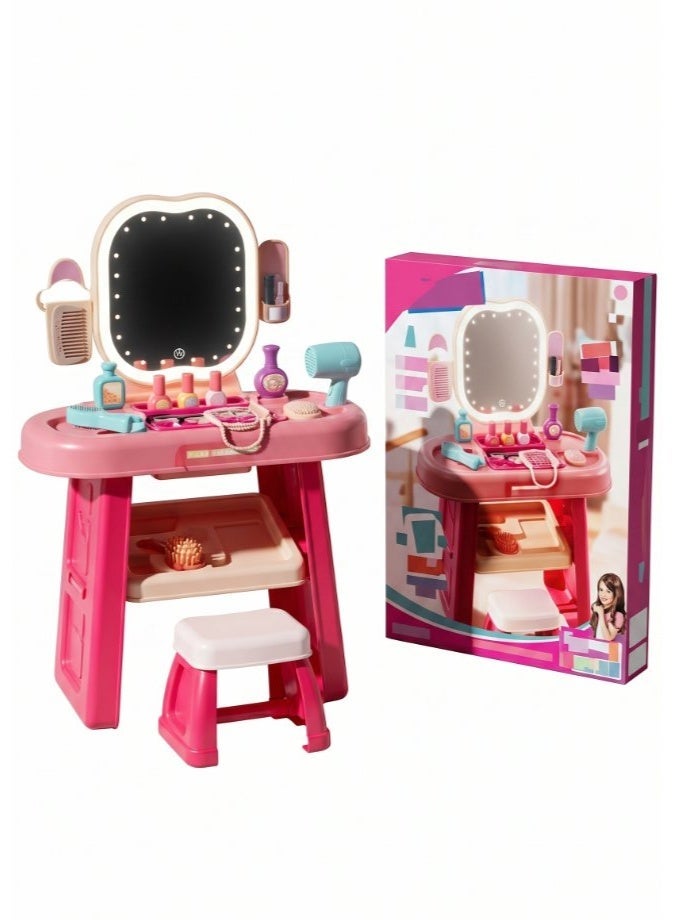 DAT Beauty Vanity Table Playset with LED Mirror, Makeup Accessories, Stool & Storage - Pink - Image 2