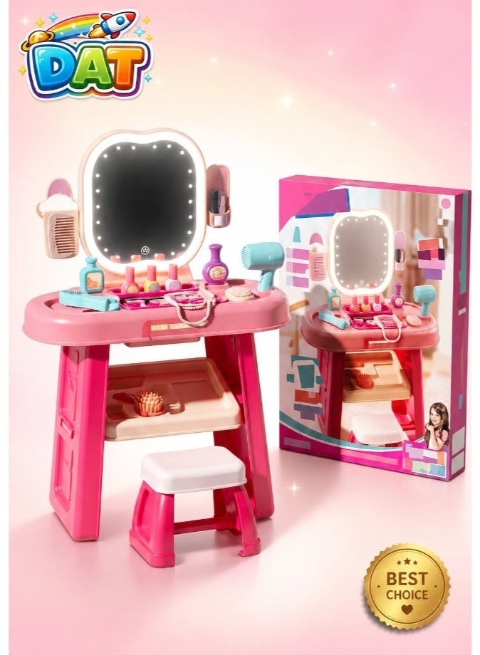 DAT Beauty Vanity Table Playset with LED Mirror, Makeup Accessories, Stool & Storage - Pink - Image 1