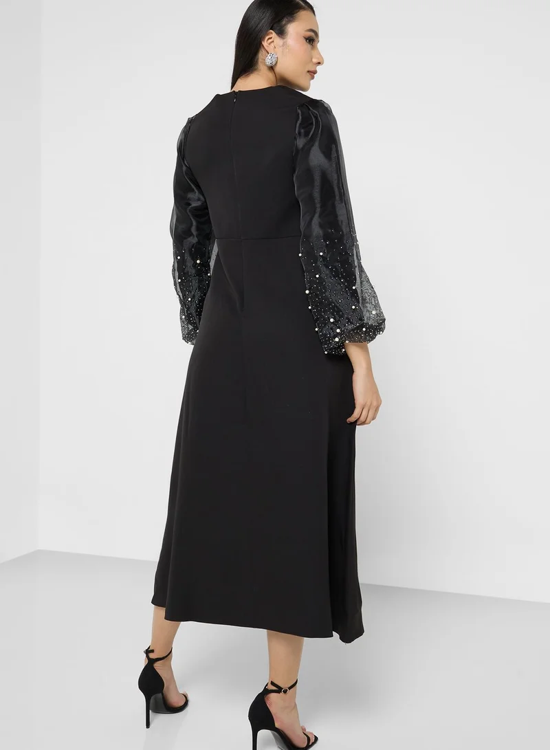 Khizana Embellished Sleeve Belted Dress