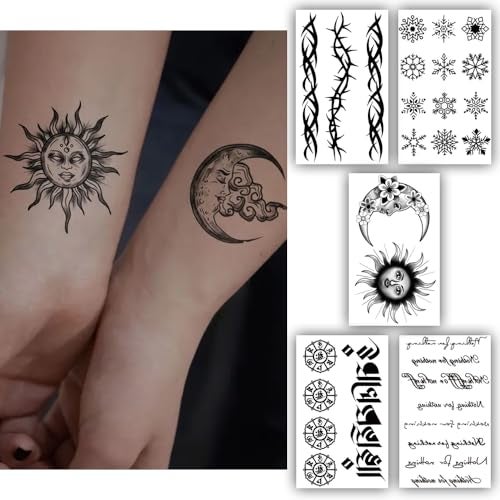 S.A.V.I 5 Sheets Waterproof Temporary Tattoos for Women & Men - Tribal, Floral, Text & Sun Designs - Easy to Apply & Remove - Perfect for Parties & Festivals - 10.5x6cm Each Sheet - Image 1