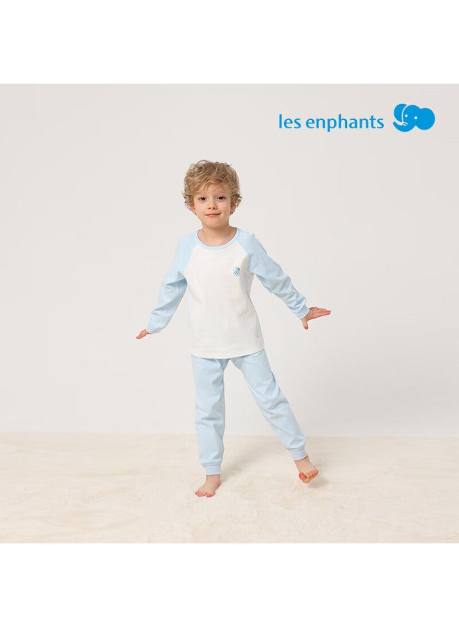 Les enphants Liyingfang Children's Pajamas Boys Girls Autumn Clothes Autumn Pants Set Baby Warm Underwear Set Crew Neck Blue White 110 CM - Image 1