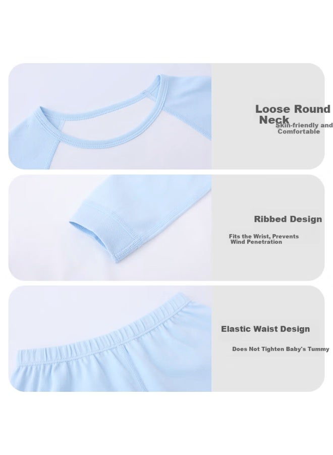 Les enphants Liyingfang Children's Pajamas Boys Girls Autumn Clothes Autumn Pants Set Baby Warm Underwear Set Crew Neck Blue White 110 CM - Image 2