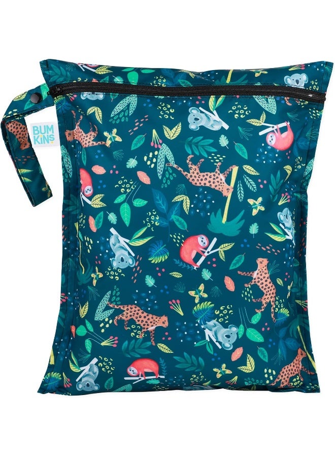 Bumkins Waterproof Wet Bag for Baby, Travel, Swim Suit, Cloth Diapers, Pump Parts, Pool, Beach, Gym Clothes, Toiletry, Hook to Stroller, Daycare, Zipper Reusable Wetdry Packing Pouch, Jungle - Image 1
