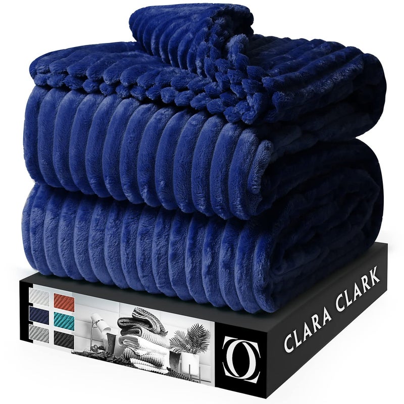 Clara Clark Cut Plush Fleece Throw Blanket Twin Size Lightweight Super Soft Fuzzy Luxury Bed Blanket for Bed Machine Washable 66x90 Navy Blue