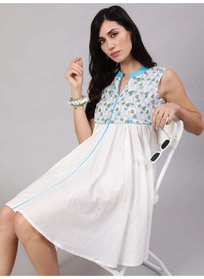 أيه كيه إس White & Blue Hand Block Print Short Dress