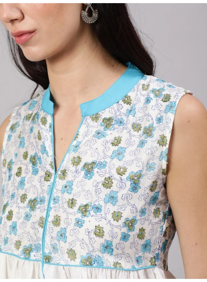 أيه كيه إس White & Blue Hand Block Print Short Dress