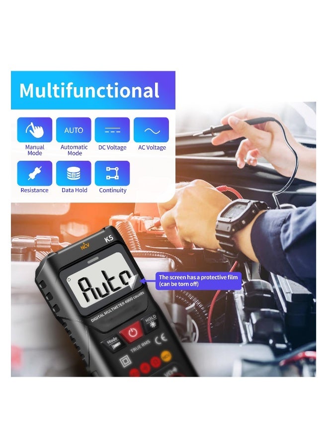 مقياس رقمي متعدد الاستخدامات، 4000 قراءة، قياس ذكي، مقياس جهد ذاتي النطاق، جهاز اختبار جهد مع وظيفة قياس الجهد بدون تلامس، يقيس جهد التيار المتردد / المستمر، المقاومة، والاستمرارية للأجهزة المنزلية - Image 2