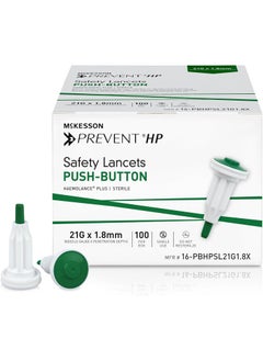 McKesson McKesson Prevent HP Safety Lancet, Auto Retracting with Push Button Activation, 21 Gauge, 1.8 mm Depth, Sterile, Green, 100 Count, 1 Pack 