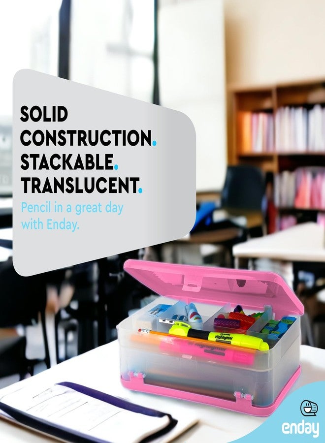 Enday Pencil Box Pink, Large Capacity Plastic Double Deck Box with 12 Compartments, Plastic Pencil Box with Snap-Tight Lid, Hard Pencil Case Storage Organizer Pencil Boxes - Image 2