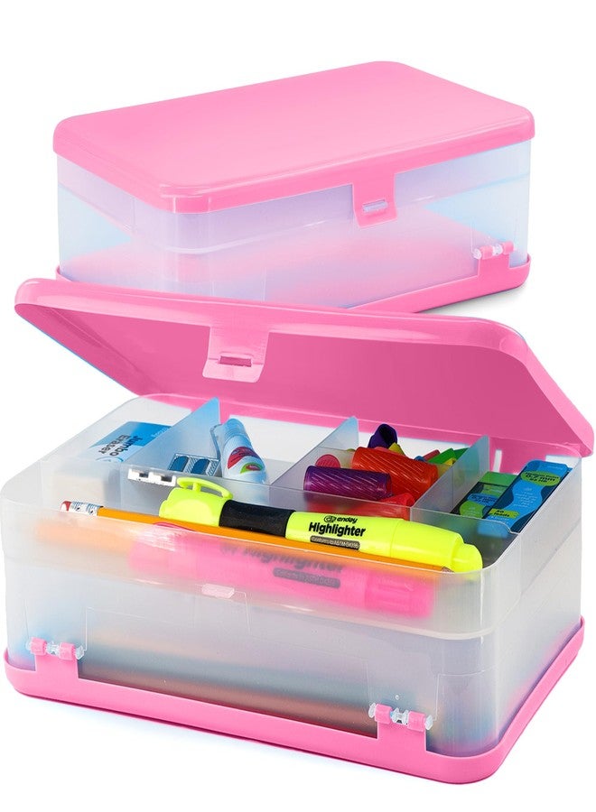 Enday Pencil Box Pink, Large Capacity Plastic Double Deck Box with 12 Compartments, Plastic Pencil Box with Snap-Tight Lid, Hard Pencil Case Storage Organizer Pencil Boxes - Image 1
